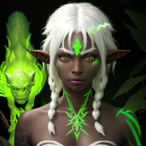 Prompt: portrait of a white-haired elf with dark skin with green glowing tattoos over her body and a T-rex animal spirit in the background