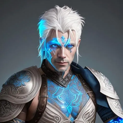 Prompt: portrait of a man with white hair wearing ancient leather armor with blue glowing tattoos over his body