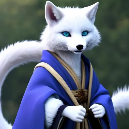 Prompt: adorable white kitsune wearing a blue shirt. He has two tails. icy blue eyes. white pants. purple cloak