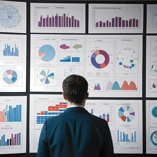 Prompt: Person surrounded by multiple analytical charts