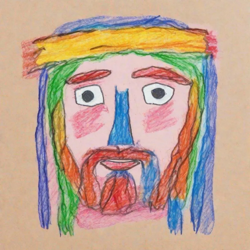 Prompt: Ugly colorful childish Crayon flat drawing of a jesus, drawn by a toddler