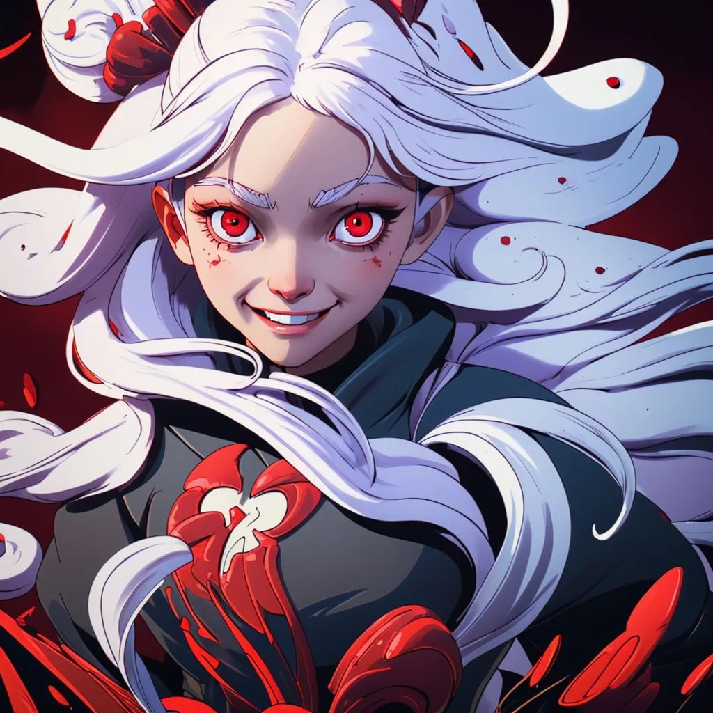 Prompt: little girl, culry long white hair, red eyes, psychopathic smile