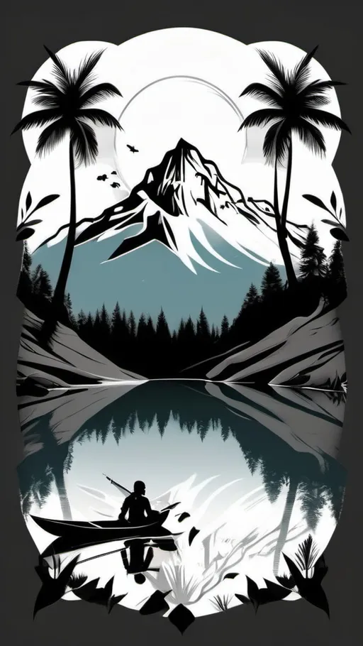 Prompt: Serenity in camp. The mountain is tropical. Make it as if it can be inserted in a t shirt design. No words. Use colors Black, Gray and white only