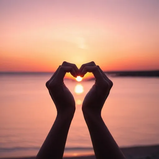 Prompt: Heart hands with stunning sunset in background 