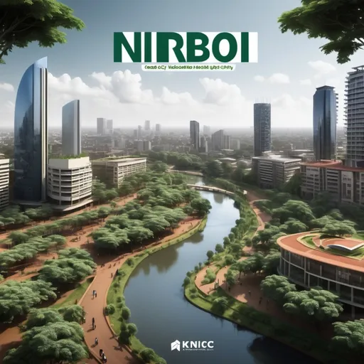 Prompt: Create nairobi city cover page with future outlook of a city within a forest and a river . With a tittle Nairobi Eco City. KICC and other buildings 
 should be in silhoute 