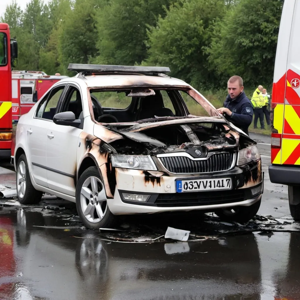 Prompt: škoda octavia crash on roof in fire
