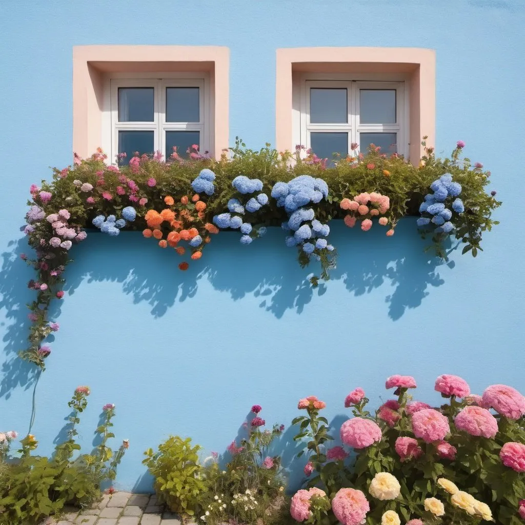 Prompt: A blue housewall with an ocean of different flowers in pastell colors growing up on the wall