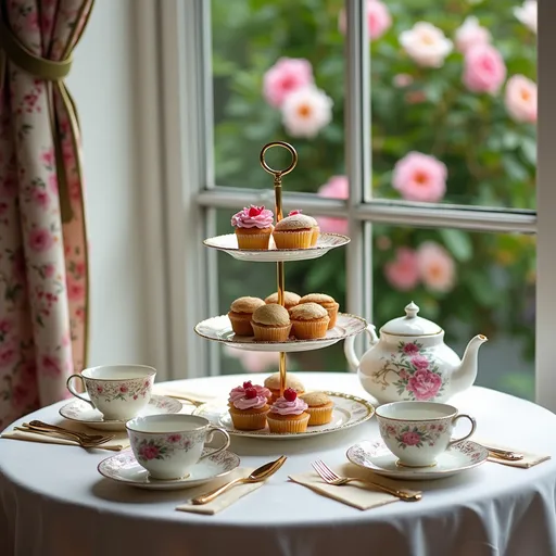 Prompt: imagine a table set for an afternoon tea (with the traditional 3 stage trays with scones, finger sandwiches and cupcakes, the cup and saucers for two persons, teapot, etc) next to a baywindow with a view to a garden full of colorfull camellias