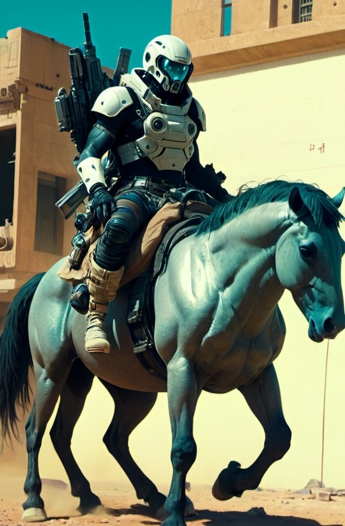 Prompt: a man riding on the back of a horse next to a building with a giant gun in his hand, Clint Cearley, afrofuturism, mars ravelo and greg rutkowski, cyberpunk art