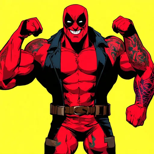 Prompt: a version of deadpool, considered a douchbag, wearing sunglasses, big muscles, tattoos on biceps, open shirt, and stupid grin