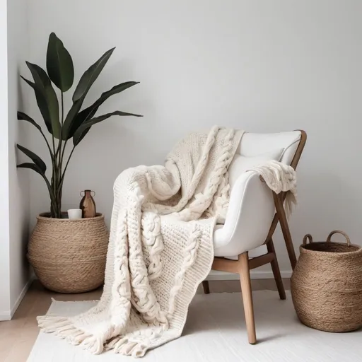 Prompt: white and beige minimal boho with soft knitted chunky blanket over a white chair