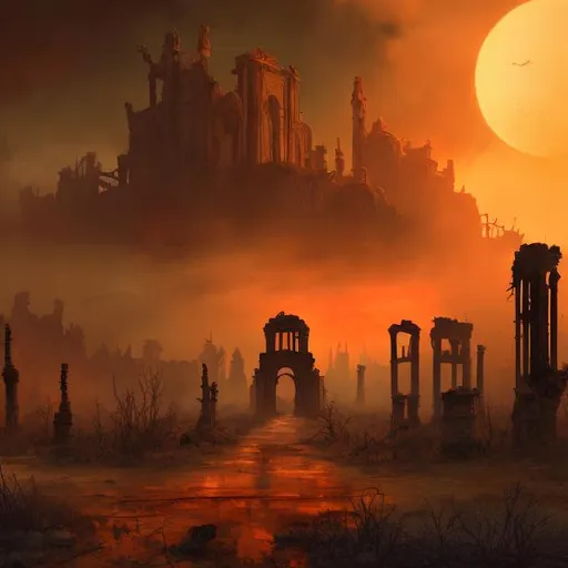 Prompt: Post-apocalyptic digital painting of the end of Kali Yuga, dark and desolate landscape, ruins of ancient structures, overgrown with wild vegetation, ominous red and orange hues, smoky atmosphere, highres, ultra-detailed, dystopian, digital art, post-apocalyptic, ruins, desolate landscape, overgrown vegetation, ominous color scheme, atmospheric lighting