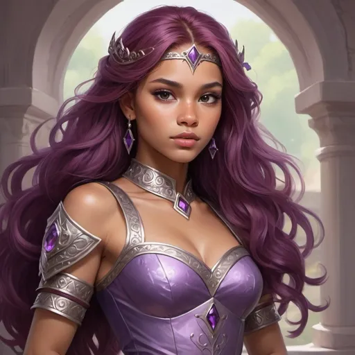 Prompt: Give me a picture of a princess warrior with plum hair, light brown skin, amethyst surroundings, long hair, skinny waist, little hispanic features, grey eyes, formal