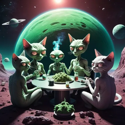 Prompt: a group of aliens smoking weed with space cats. the style should be post punk animation and the location is an elfic modern planet.