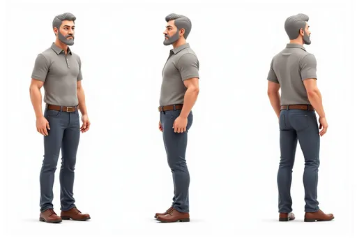 Prompt: A full-body character sheet of photorealistic adult male 82266958 with short gray hair, light skin, brown eyes, goatee with gray patches displayed in three clear views on a clean white background, arranged in a three-column grid pattern with equal spacing and importance. Left panel: front view showing complete anatomical details and outfit. Center panel: perfect 90-degree side view (profile) clearly showing the character's side silhouette, facial profile, and outfit from a direct lateral perspective. Right panel: back view revealing posterior details Each view maintains consistent scale, lighting, and full-body presentation from head to toe. All three perspectives must be equally detailed and given equal prominence in the composition.