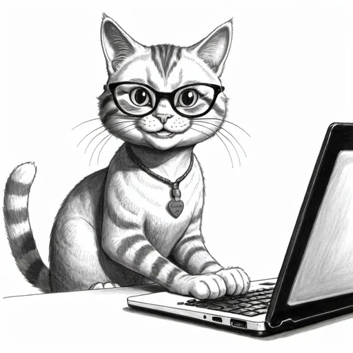 Prompt: A pen drawing of a smart, smiling pussycat who is working at a laptop and says "Hallo, dit is Puzzelstad.nl!"