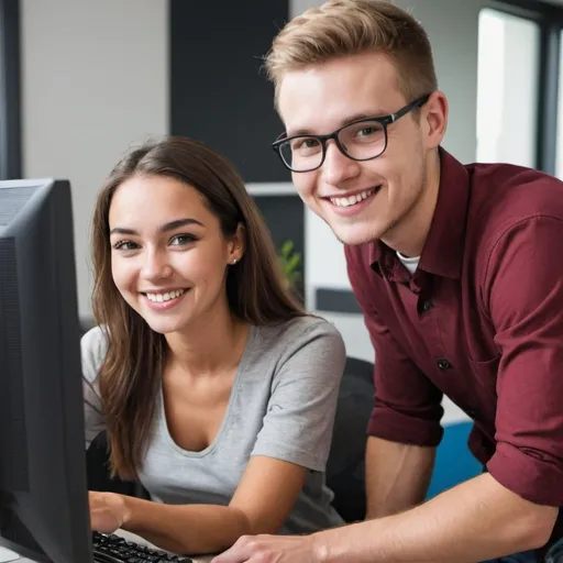 Prompt: A beautiful young smiling man en woman who are working at a computer
