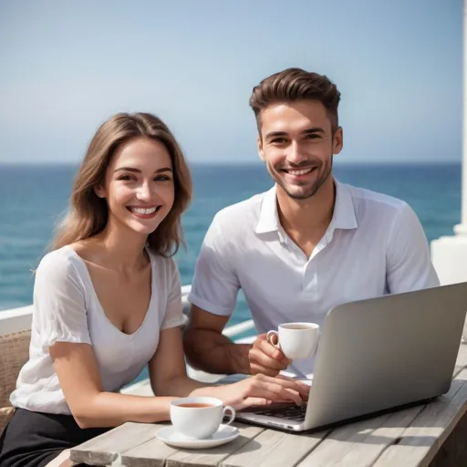 Prompt: A beautiful, smiling man and woman with a laptop and a glass of tea and the background is the ocean 