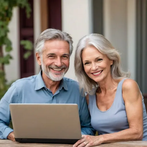 Prompt: A beautiful, 60 years old smiling man and  woman with a laptop and a glass of wine