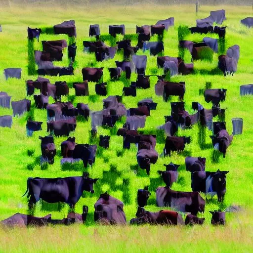 Prompt: Black Angus cattle in a field of grass