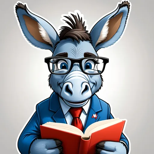 Prompt: Make a cute cartoon blue political donkey with glasses reading a book