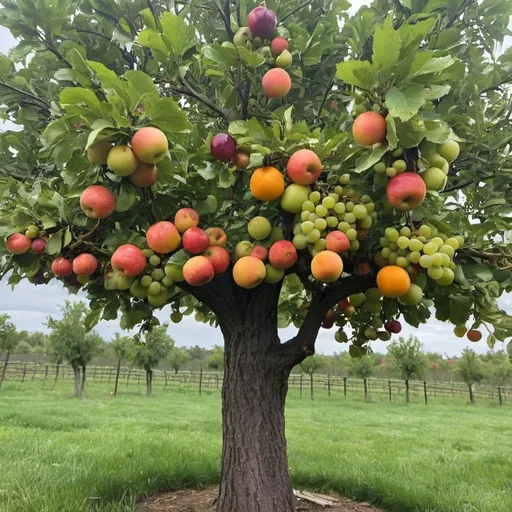Prompt: a tree that has apples, oranges, grapes