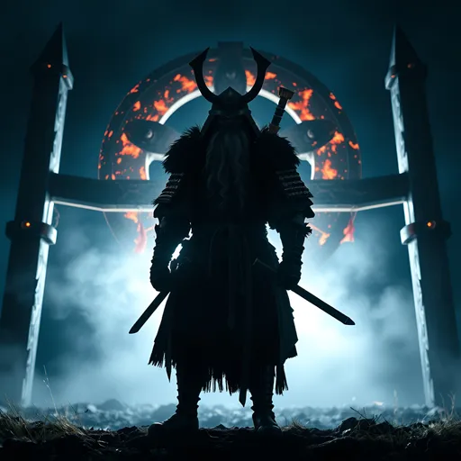 Prompt: A Viking samurai  standing in front of a rune with lighting behind him