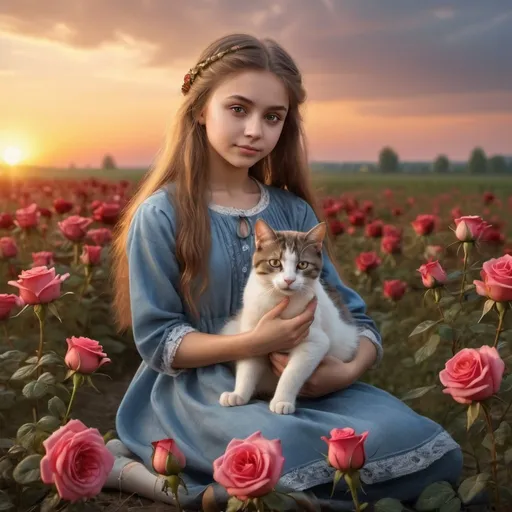 Prompt: young ukrainian girl with a cat on her knees, field with roses, sunset, a lot of treen on the horizon, super photorealistic