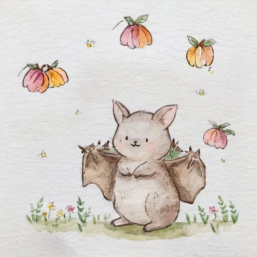 Prompt: draw me a shy little bat in the style of Beatrix Potter in water color with different reference poses; facing away, to the side, and forwards, and hanging upside down