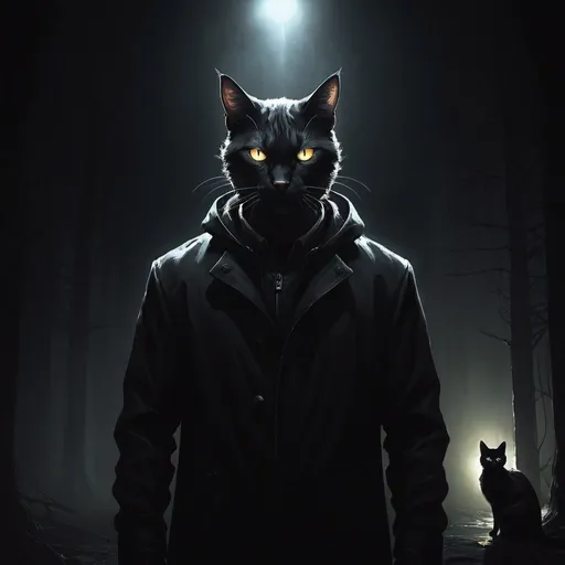 Prompt: a man standing in the dark with a cat's eyes glowing in the background, with a dark background, Anato Finnstark, sots art, ominous, concept art