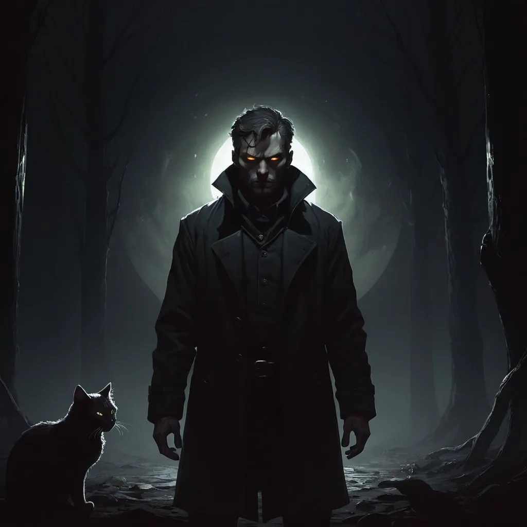 Prompt: a man standing in the dark with a cat's eyes glowing in the background, with a dark background, Anato Finnstark, sots art, ominous, concept art