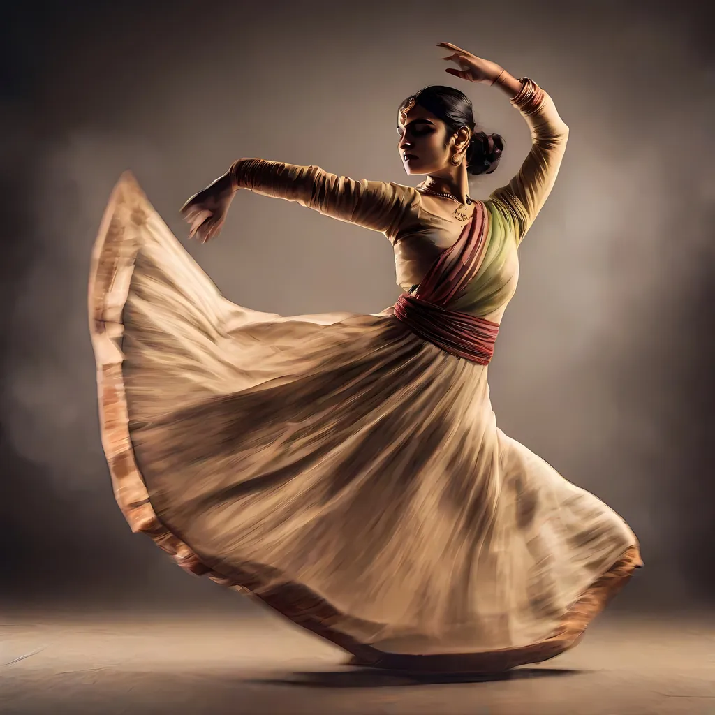 Prompt: Kathak dancer in motion, captured with long exposure photography Nikon D850 DSLR camera f/4. ISO 200