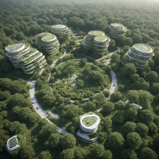 Prompt: 3D renderings of futuristic cityscape in lush green with tall trees and villas