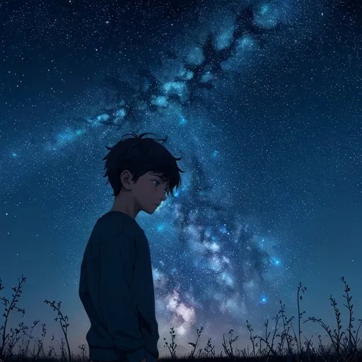 Prompt: Beautiful starry sky above a lonely boy 