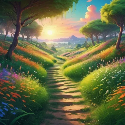 Prompt: Mesmerizing grass path leading to a peaceful festival, vibrant and lively atmosphere, high quality, detailed landscape, surreal, peaceful, colorful, twisting path, festival vibes, point of view perspective, lush greenery, warm and inviting lighting, surreal art, peaceful festival scene