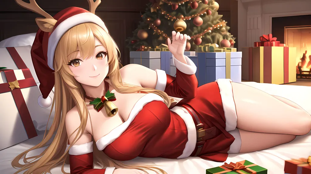 Prompt: ((best quality)), ((illustration)), ((masterpiece)), ((upper body)), digital portrait, 3D, unreal engine, highres, realistic, 1girl, anime girl, Christmas, red costume, Santa costume, bells, reindeer ears, smiling, presents, Christmas tree