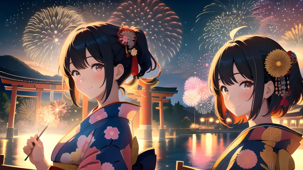 Prompt: ((best quality)), ((illustration)), ((masterpiece)), ((upper body)), digital portrait, 1 girl, anime girl, short hair, Japanese girl, kimono, ahoge, multicolor hair, smile, fireworks, aerial fireworks, torii