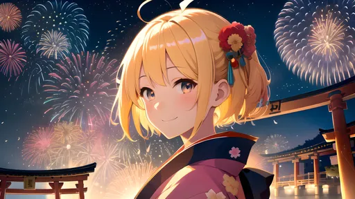 Prompt: ((best quality)), ((illustration)), ((masterpiece)), ((upper body)), digital portrait, 1 girl, anime girl, short hair, Japanese girl, kimono, ahoge, blonde hair, smile, fireworks, aerial fireworks, torii