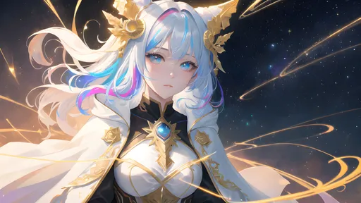 Prompt:  (masterpiece, top quality, best quality, official art, beautiful and aesthetic:1.2), (1girl), extreme detailed eyes, (fractal art:1.3), colorful, highest detailed, (perfect face), shiny skin, HDR, (white cloak golden lines:1.2), galaxy, (light streaks), striking visuals, (dynamic streaks, luminous trails:1.2), vibrant colors, (phoenix), (dragon) 