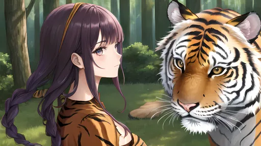 Prompt: ((best quality)), ((illustration)), ((masterpiece)), digital portrait, cavewoman, long hair, primitive costume, primitive outfit, animal skin costume, tiger skin outfit, primitive tiger spots costume, tiger spots outfit, hunting tigers, sword, green background, forest, light