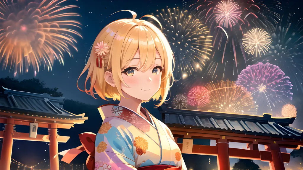 Prompt: ((best quality)), ((illustration)), ((masterpiece)), ((upper body)), digital portrait, 1 girl, anime girl, short hair, Japanese girl, kimono, ahoge, blonde hair, smile, fireworks, aerial fireworks, torii