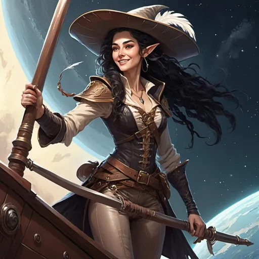 Prompt: Draw a full-length picture of a female elven swashbuckler on the prow of a ship in space. She wears two swords and an enormous oversized hat with a feather in it. She has wavy black hair and a joyous expression on her face.