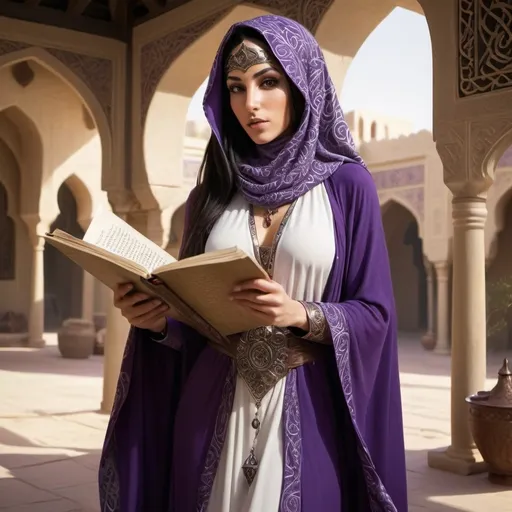 Prompt: Create a full-length, olive skinned elven woman in an Arabian setting. She is beautiful and has long, dark hair. She looks very wise. She holds a scroll in one hand and magnifying glass in the other. She wears patterned violet flowing robes. A white half-niqab covers her nose and mouth. We can see her head to foot.