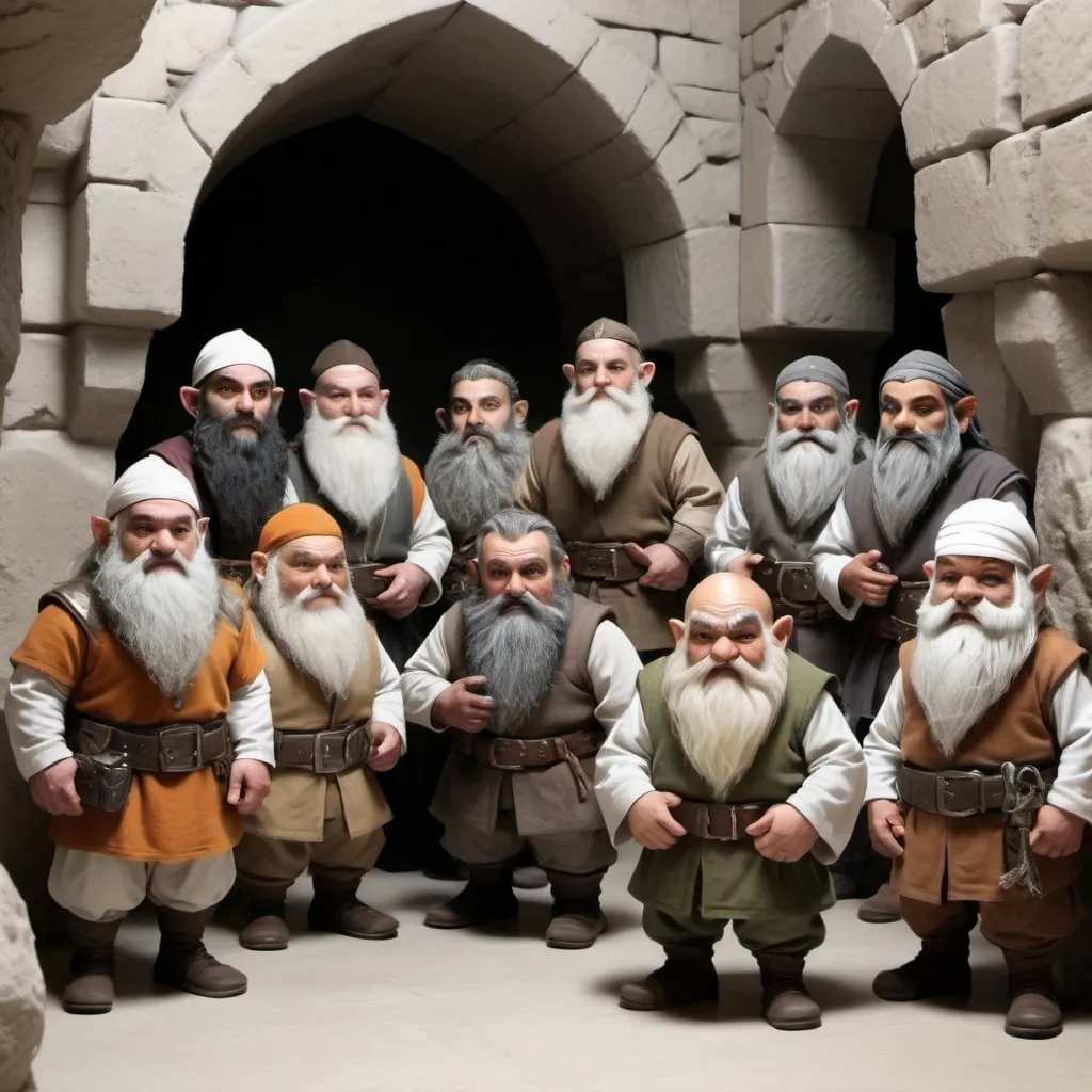 Prompt: Create a group of 12 realistic fantasy dwarves in an Arabian setting. They are heavy-set and have olive skin. The background is a wide, tall grey stone chamber with one wall exposed to open air and light coming in. They are moving crates and sweeping the floor. We are looking down on them. Four of them have short beards. The rest have long beards.