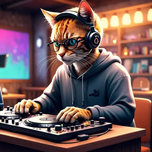 Prompt: Cat on dj booth drinking coffee anime style