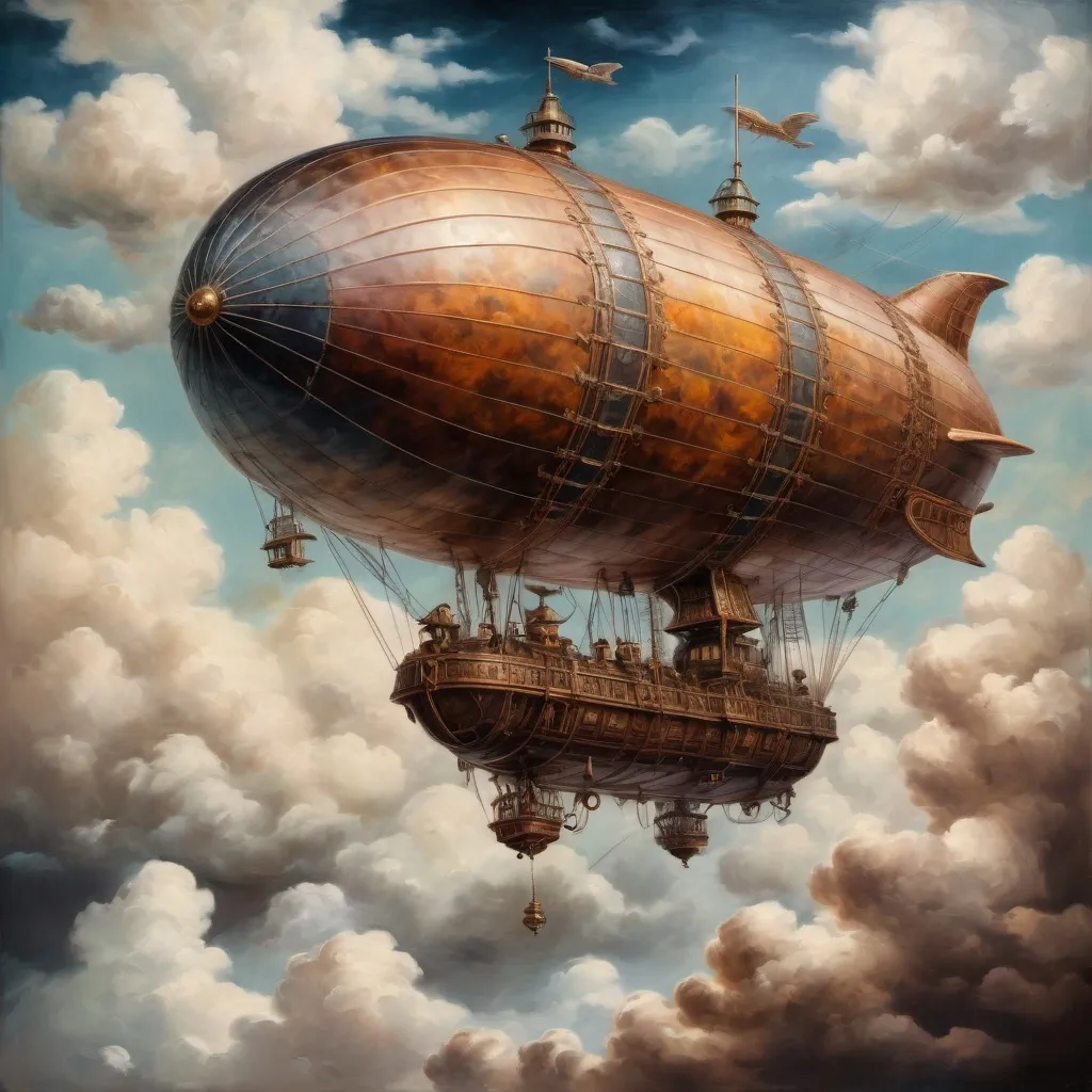 Prompt: airship above fluffy clouds, vintage oil painting, intricate details, high quality, steampunk, vintage, intricate design, fluffy clouds, atmospheric lighting