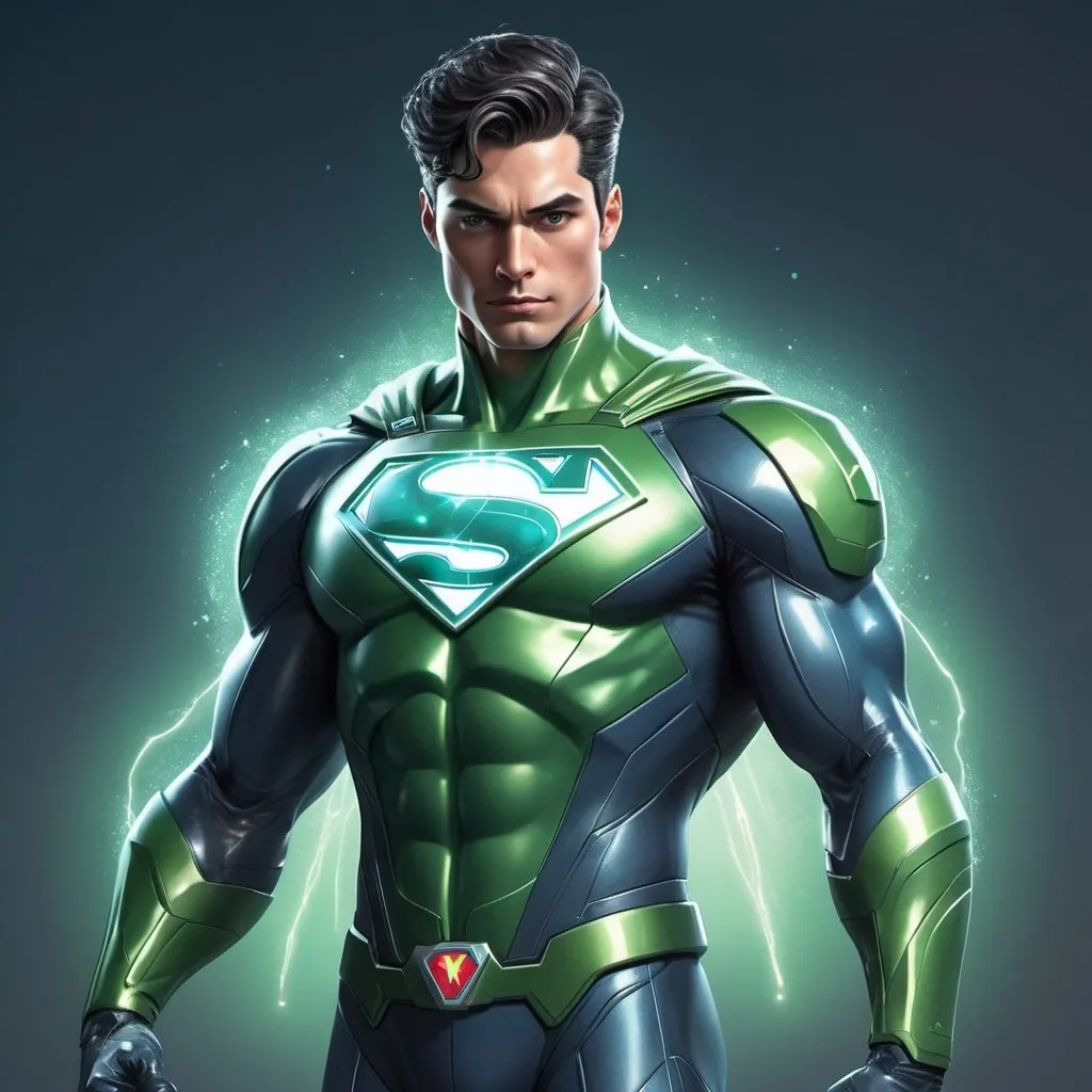 Prompt: High-quality, futuristic illustration of Super K in a super man type of suit with green body with a cute face, holding a time machine, freezing time, detailed diamond-shaped K emblem on chest, professional rendering, cool tones, sci-fi, futuristic, detailed suit design, time-freeze effect, superhero, detailed gloves, ultra-detailed, anime themed, atmospheric lighting
