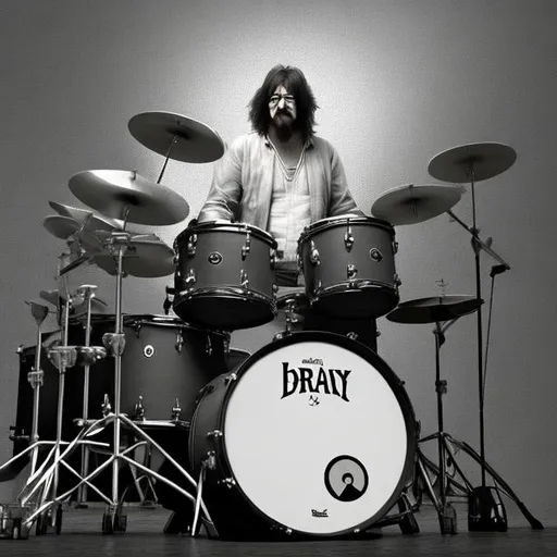 Prompt: John Bonham in his drum set like crazy digital art in black and white 