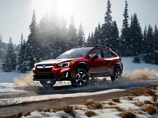 Prompt: Create an image of a 2024 Subaru crosstrek driving in an winter snow storm