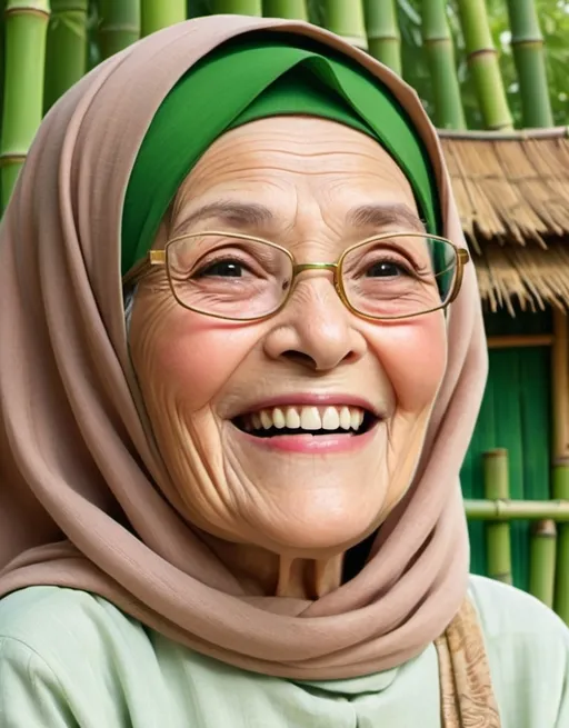 Prompt: Cartoon Disney style old woman wear hijab shit down on the chair front of her bamboo house and happy smile, green color, bright